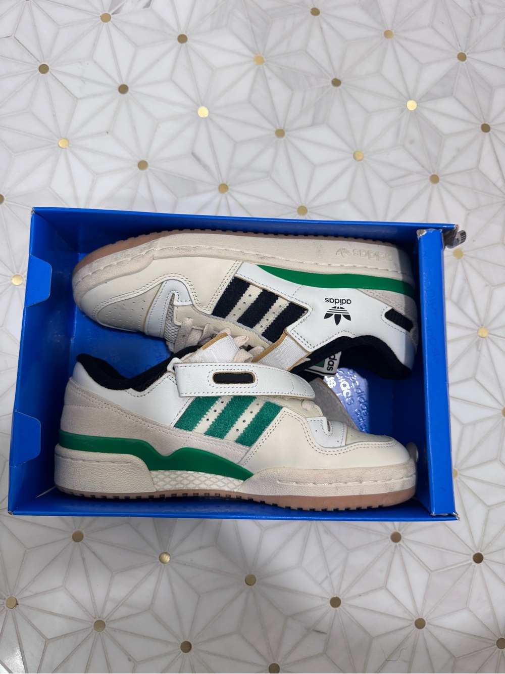 Adidas Kids Off-White, Green & Black Velcro Sneakers
